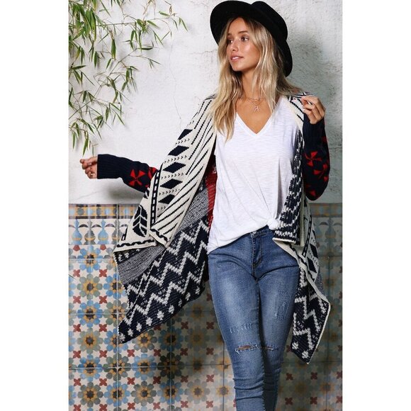 Navy & Red Nordic Pattern Cardigan Sweater - Picture 3 of 7